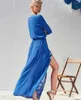 Casual Dresses 2024 Bohemian Spring Blue Holiday Maxi Dress Vintage Women Sexig Deep V Neck Embroidery Flower Split Elastic Midje Long Robe