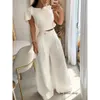 Women S Two Piece Pants Drauuing 2 Pieces Set Sleeveless Tee and Wide Leg Pant Outfits Casual Summer Suits 230801 411