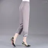 Pantalon féminin d'été femmes minces couchés élastiques hauts style chinois hétéro brodé femelle d'âge moyen décontracté