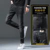 Men's Jeans designer Brand Black Grey Thick Elastic Slim Fit Small Straight Solid Mid Rise Casual Luxury High end Pants 53VQ