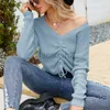 Women's Sweaters Outwear versatile top with drawstring irregular solid color knit shirt Sexy V-neck long sleeved sweater fashion T Shirt tops