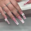 False Nails Detachable Square Head False Nails with bow butterfly Design Press on fake Nails Wearable Pink French Glitter artificial nails Y240419