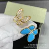 Senior Designer Originele V Gold High Version Vancefe Butterfly Ring voor dames nieuwe blauwe email Set met diamanten lichte luxe open asymmetrische ring