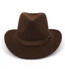 Bred Brim Wool Felt Cowboy Fedora Hats med Dark Brown Leather Band Women Män klassisk Party Formal Cap Hat Whole6979872