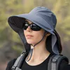 Breite Krempeln Hüte Frauen Großer Sonnenhut Eimer Sommer Outdoor Anti-UV-Fischerei Wanderhals Schutz Schal Visor Cap Ladies Motorhaube