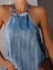 Femmes Camisole pour la mode d'été Plaine sans manches épissé de jean Halter Top Tie Casual Dye Bureau vintage Lady Camis 240407