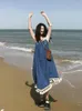 Casual Dresses 2024 Summer Beach Dress French Style Blue Suspender Lady Students Fairycore Tassel Deigner Sleeveless Midi