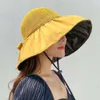 Outdoor Black Gum Fisherman with Big Eaves Beach Straw for Women Folding Cotton and Hemp Sunshade Summer Cool Hat Sunscreen UV Rays