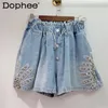 Women's Shorts Diamond Studded By Hand Beaded High Waist Slimming Wide-Leg Denim Women 2024 Summer Elastic Jean Female