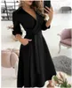 Casual Dresses Women Lace Up Spring Summer Dress Long Sleeve Unique Elegant High Wait Slim V-neck Female Solid Color Computer