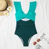 Swimwear Women 2024 Ruffle V-Neck One Piece Swimsuit Femmes Patchwork Patchwork Beach Wear Fssuel Body Body Body Body Femme