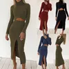 Women's Two Piece Pants High Collar T-shirt Waist Skirt Suit Turtleneck Set