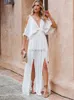 Basic Casual Dresses Boho Chiffon V-Neck Off Shoulder Sleeve Slit Tunic Dress Women 2023 Summer Elegant Solid Color Beach Wear Maxi Dresses A1445 240419