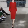 Lässige Kleider rot Roosarosee O-Neck Kragen Langes Flare-Ärmel-Paket Hüftstiftkleid Europäischer Frühling Sommer 2024 Frauen Vestidos Robe Femme