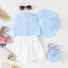 Clothing Sets 2-8Y Kids Girls Summer 3Pcs Striped Sleeveless Lapel Vest Shirts Bowknot Shorts Skirts Sun Hat Children Clothes