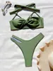 Женские купальники Сексуальный зеленый крест Gillter Halter Bikinis Sets 2024 Женщины Две штуки Попальные V-вайисты купальники пляжная одежда купания костюмы