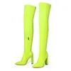 Stivali sexy blocco tallone neon giallo tratto coscia donna puntata sul punta del ginocchio elastico su slim