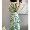 Robes décontractées de base Femmes Summer Summer Imprimer Chic Belt Elegant Party Long Robes Fashion V Neck Col Short Slim Vacation Beach Midi Robe Vestidos 240419