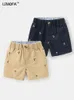 LJMOFA 1-8 år Summer Boys Casual Shorts For Toddler Kids Elastic midja Kort byxa Khaki Cotton Beach Soft Baby Clothing D347 240409