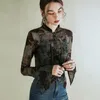 Blouses pour femmes Boweylun Spring Chinese Style Therat Femme Femme Printed Petal Sleeve See-Through Long Top Femme