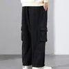 Men's Pants Drawstring Men Casual Breathable Trousers For Streetwear Wide-leg Multi-pocketed A