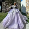 Lilac Lavender Princess Quinceanera klänningar långärmad Gillter Applique Lace Peplum Vestidos de 15 Anos Quinceaneras 2024 Lujo