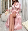 Sleep Women's Sleep Lounge Pink Femmes Kimono Robes Full Longueur Silk Satin Bathrobe Mid-Calf Lightweight Soft Sleepwear V-Neck Loes Loungewear S-XL D240419