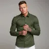 Spring herfstherenheren volheuvel met volledige mouw Solid Fitness Men Turndown Collar Super Slim Fit Business Dress Knop Gym Tops 240409