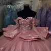 Roze kristal kralen 3D -bloemen baljurk Quinceanera jurken van de schouderapliques kanten corset vestidos de 15 anos