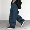 Мужские джинсы дышащие мужские брюки удобные брюки винтажные грузы с широкой ногой с глубокой промежности хип -хоп уличная одежда
