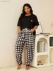 Women's Sleep Lounge Plus Size Womens Pajamas Set Scew Neck Plaid Love Print Summer Short Sleeves Sleepwear Drawstring Long Btoom Nightwear Clothes d240419