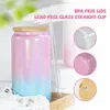 16oz Sublimation Shimmer Glitter Glass Cups Rainbow Gradient Tumbler Holographic Juice Jar Beverage Drinking Beer Can Cups Iced Coffee Mugs With Bamboo Lids & Straws