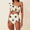 Bikini à volants à une épaule imprimés ensemble 2024 Fashion Women Swimwear Summer High Wiston Bathing Bathing Costume Sexy /