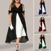 Kobiety sukienka Vneck koronkowe wykończona kołnierz faux perły wystrój pół rękawów kolor patchwork Fake 2piece MIDI plus size 240412