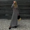 Casual Dresses Ggbaofan Vintage Fashion Black And White Striped Maxi Dress Elegant Long Sleeve Tie Back Beachwear Holiday Fall