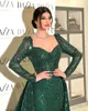 Party Dresses Charming Green Gown V-neck Beaded A-line Tulle Evening Dress Sweep Train Sweetheart Full Sleeve Saudi Arabia Prom