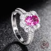 Pierścienie klastra 925 Sterling Srebrna biżuteria 6x8mm owalna różowa czerwona cyrkon naśladowanie niebieski Paraiba Tourmaline Pierścień kamienia szlachetnego