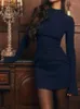 Casual Dresses QWEEK Vintage Elegant Office Ladies Dark Blue Sexy Mini Dress Women Commuting Bodycon Club Party Short 2024 Spring