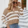 Women's T Shirt sexy Tees 2023 Autumn/Winter New Long Sleeve POLO Collar Cotton Knitted Top Women's Loose Stripe Contrast Pullover Sweater Plus Size tops
