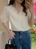 Kvinnors blusar Summer Puff Short Sleeve Lace Blue Work Casual Tops för Fashion Sequined V-Neck Matching Shirt 2024