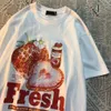 Fresh Strawberry American Retro Creative Printed Short Sleeved Tshirt Womens Trendy Brand Loose Versatile Half Shirt 240417