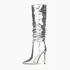 Boots Blue Knee High pour les femmes plissées de talons fins printemps