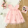 Girl's Dresses Sweet Beauty ChildrenS Dress 2023 Summer New Solid Color 3d Butterfly Embroidery Mesh Flying Sleeves Daily Knee Length 0-3 Year d240423