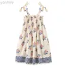 Flickans klänningar Little Girls Beach Floral Dress Summer mysig bomullsmockad glidklänning Girls Boho klänning för småbarnskläder 2T 3T 4T 5T 6T 7T D240423