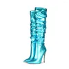 Boots Blue Knee High pour les femmes plissées de talons fins printemps