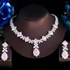 Brincos de colar Conjunto de três gracas elegantes e rosa zirconia cúbica de luxo Big Long Bridal Wedding Party Jewelry for Women TZ995