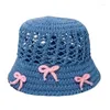 Berets Bowknot Fisherman Hat For Girl French Bonnet Handwoven Bucket Summer Vacations Picknics Elegant Hollowed