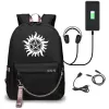 Bags Supernatural SPN Wing Printed USB Backpack With Chain Headphone Port School Bags Mochila Travel Laptop Bags