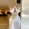 2024 Sexy White Mermaid Evening Dresses Wear Jewel Neck Illusion Lace Crystal Beads Pearls Sleeveless Sheer Back Formal Prom Dress Party Gowns Plus Size 0513