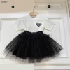 Popular girls dresses sets white t shirts with black mesh skirts high quality baby two pieces sets designer kids summer cake skirts sets